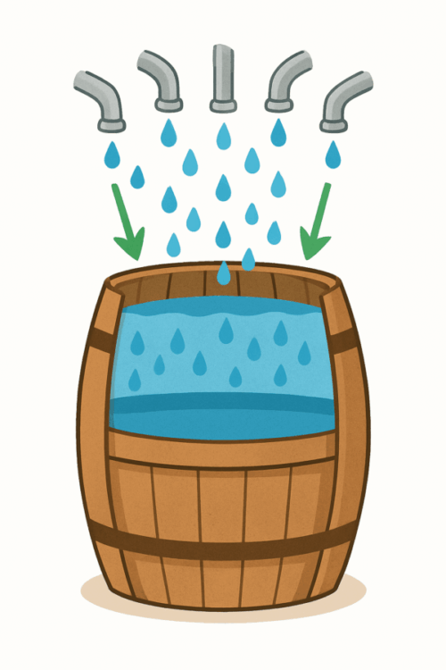 Illustration eines Holzfasses mit erhöhtem Boden, sichtbarem Wasserpegel und grünen Pfeilen für den Stress-Einfluss – grafische Darstellung des Vulnerabilitäts-Stress-Modells