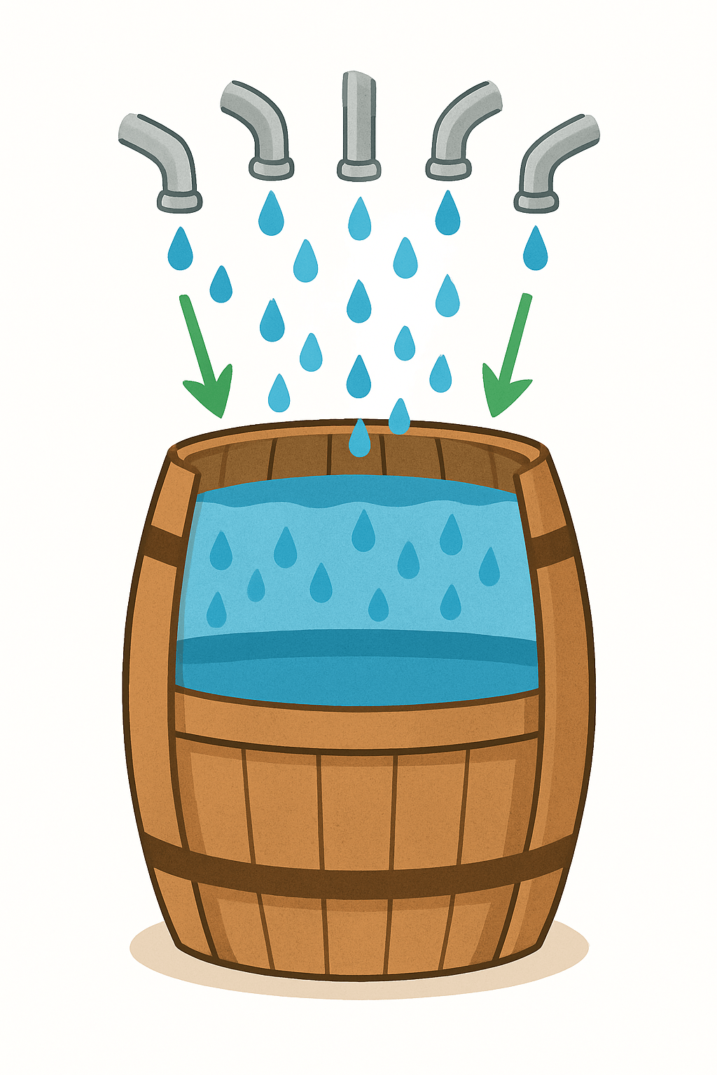 Illustration eines Holzfasses mit erhöhtem Boden, sichtbarem Wasserpegel und grünen Pfeilen für den Stress-Einfluss – grafische Darstellung des Vulnerabilitäts-Stress-Modells