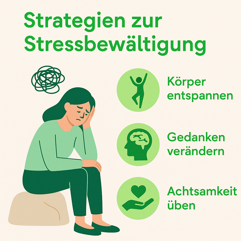 Frau bei der Stressbewältigung mit grafischer Darstellung von Körper, Gedanken und Alltag in Grüntönen