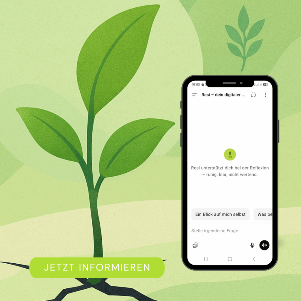 Smartphone mit geöffnetem KI-Coach Resi zur Selbstreflexion, daneben stilisierte Pflanze und grüner Button "Jetzt informieren"