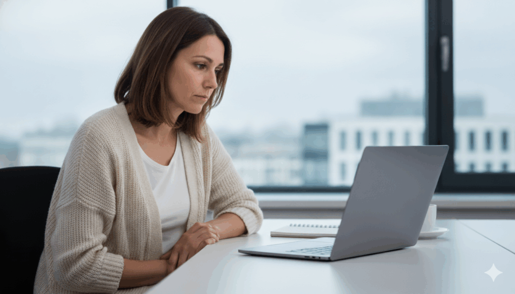 Eine nachdenkliche Frau (ca. 42) am Laptop im Büro, die Anzeichen von innerer Leere und Stress durch belastende Gedanken im Job zeigt.