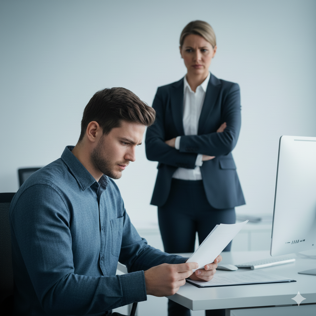 Mitarbeiter wirkt bedrückt und unter Druck, liest Dokumente am Schreibtisch. Im Hintergrund steht der Chef mit verschränkten Armen und abwertendem Blick – symbolisiert mangelnde Wertschätzung und beruflichen Stress.
