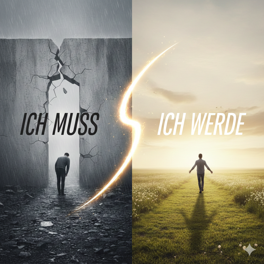 Gegenüberstellung von psychologischem Druck und Freiheit: Links eine Person vor einer grauen Mauer mit dem Text 'Ich muss', rechts eine Person auf einer sonnigen Wiese mit dem Text 'Ich werde'.