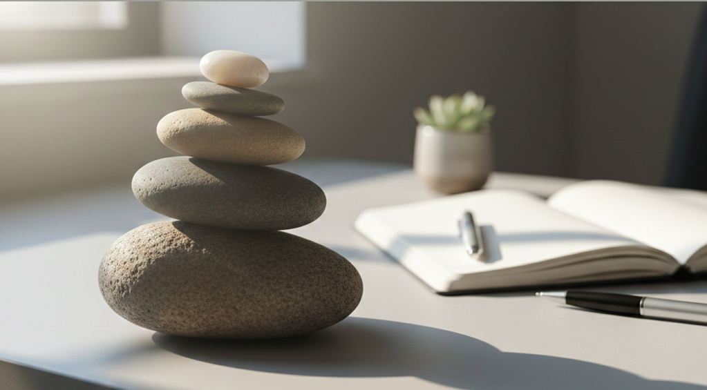 Erstellt mit generativer KI
A high-quality, minimalist photography of smooth river stones balanced in a zen-like stack. Soft, natural morning light from a nearby window. In the background, a blurred, modern office desk with a clean notebook. 