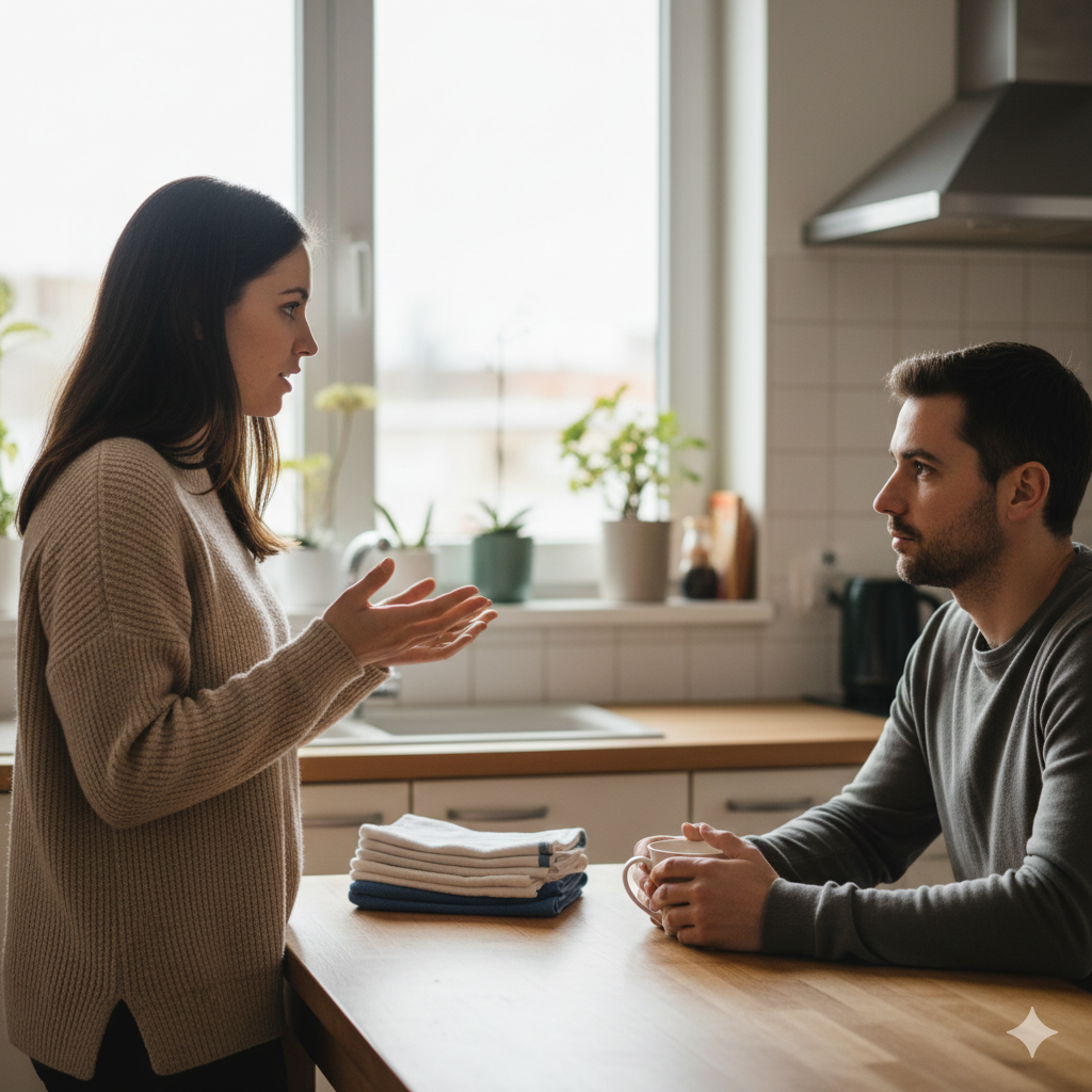 Ein Paar steht in einer hellen, aufgeräumten Küche an einem Holztisch. Die Frau im hellen Pullover spricht gestikulierend, aber ruhig zu dem Mann, der ihr aufmerksam zuhört und eine Tasse hält. Die Atmosphäre wirkt ehrlich und klärend.