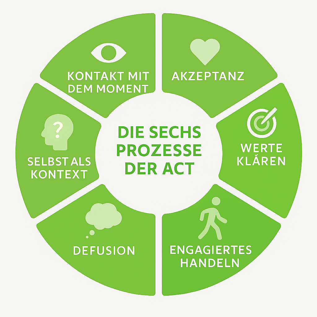 Grafische Darstellung des ACT-Hexaflex-Modells mit sechs interagierenden Kernprozessen.