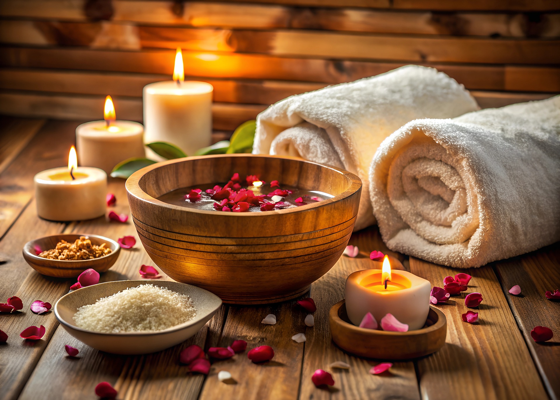 Stimmungsvolles Bild mit Kerzen, Handtüchern und einer Schale mit Wasser als Symbol für Selbstfürsorge, Selbstbegegnung und innere Regeneration