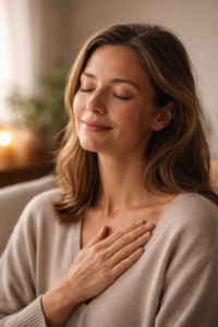 Frau mit geschlossenen Augen und leichtem inneren Lächeln als Symbol für Selbstbegegnung, Selbstmitgefühl und gelungene Selbstfürsorge.